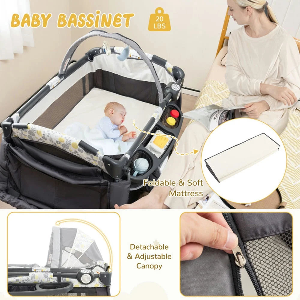 Baby Bed Rocking Bassinets,Baby Bassinet, Bedside Bassinet, 4 in 1 Portable Pack and Play Baby Center with Bassinet-Yellow