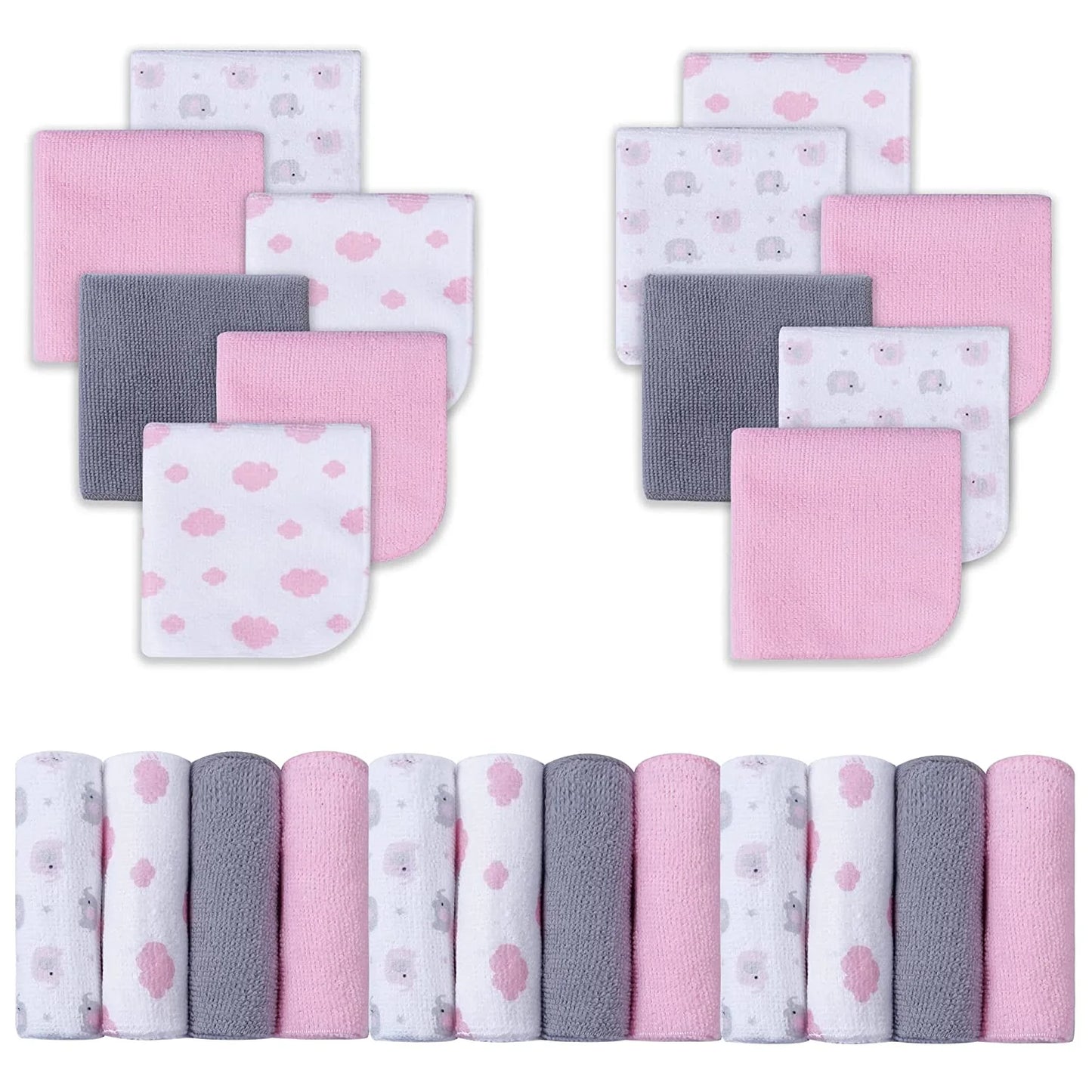 Baby Washcloths, Super Soft Baby Bath Towels for Newborn 24 Pack, Absorbent Face & Body Wash Cloth for Baby Girl, Pink-Elephant Pattern, 9 X 9 Inch