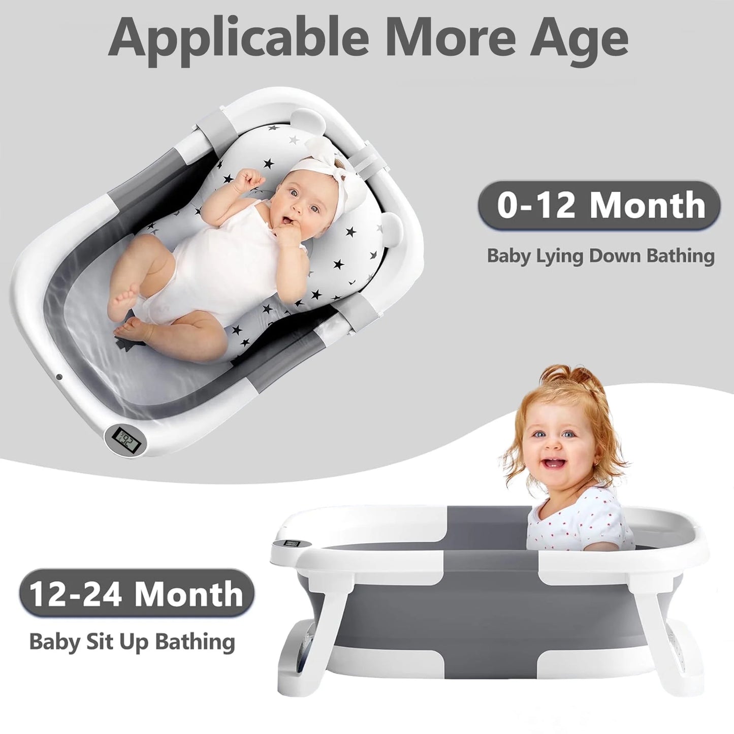 Collapsible Baby Bathtub for Newborn with Thermometer & Soft Cushion, Portable Travel Baby Tub for Infant to Toddler 0-36 Months, Gray