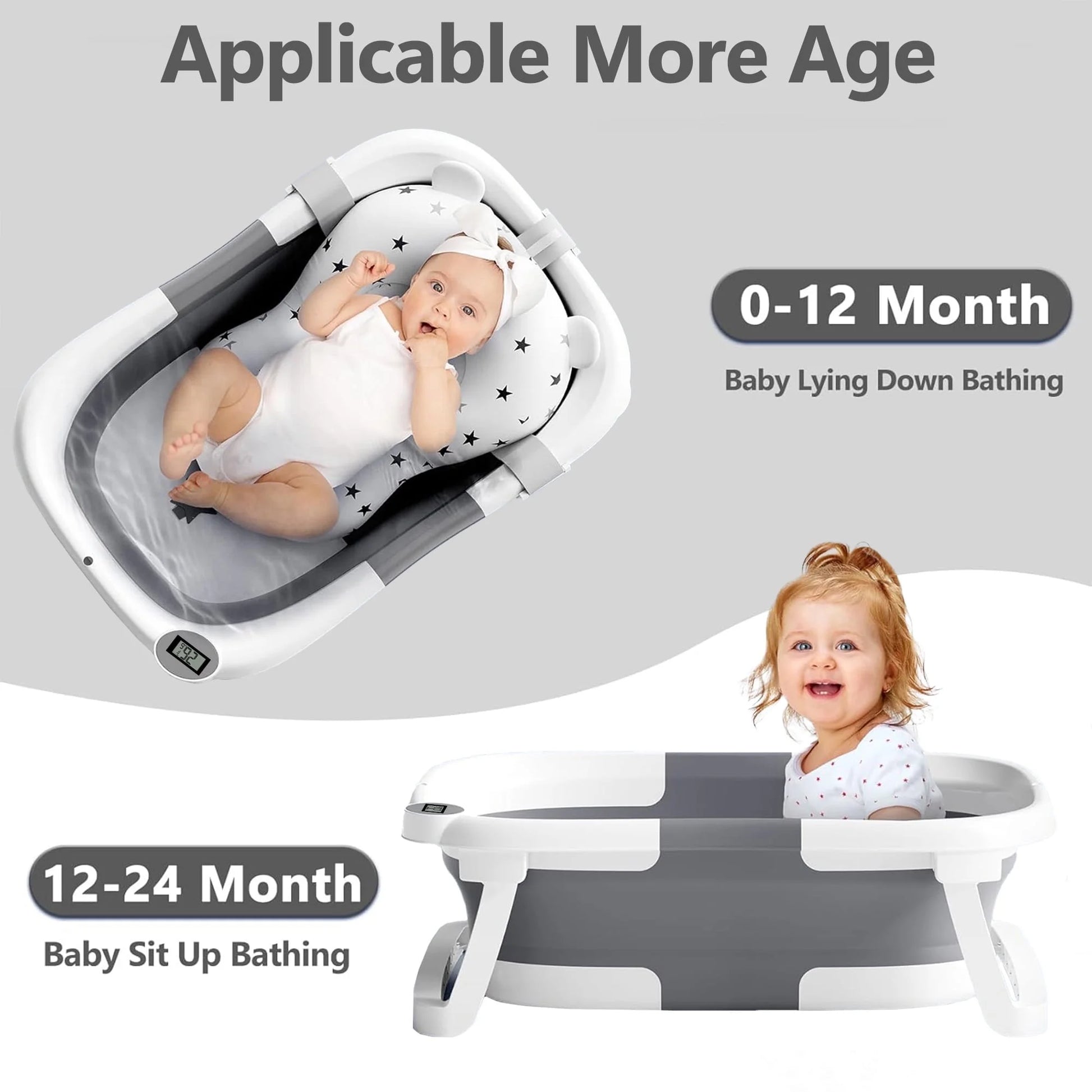 Collapsible Baby Bathtub for Newborn with Thermometer & Soft Cushion, Portable Travel Baby Tub for Infant to Toddler 0-36 Months, Gray