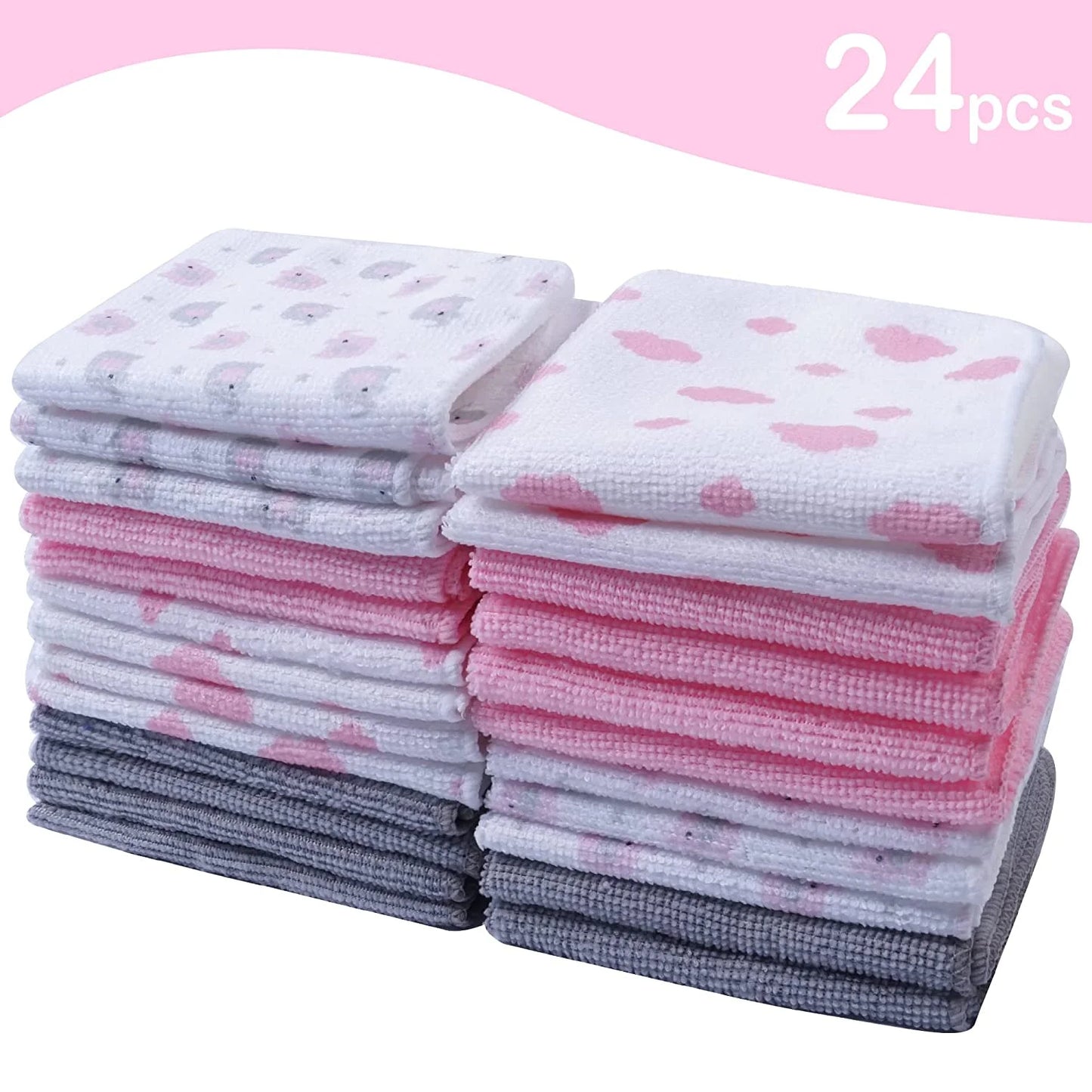 Baby Washcloths, Super Soft Baby Bath Towels for Newborn 24 Pack, Absorbent Face & Body Wash Cloth for Baby Girl, Pink-Elephant Pattern, 9 X 9 Inch
