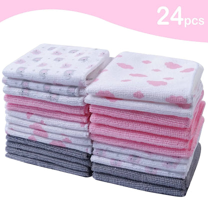 Baby Washcloths, Super Soft Baby Bath Towels for Newborn 24 Pack, Absorbent Face & Body Wash Cloth for Baby Girl, Pink-Elephant Pattern, 9 X 9 Inch