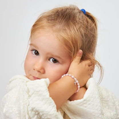 Sterling Silver Cross Charm Pearl Bracelets for Girls - Baptism Gifts for Girl with Rosaline, White Simulated Pearls, First Communion, Christening, Keepsake Girls Jewelry Birthday Gift
