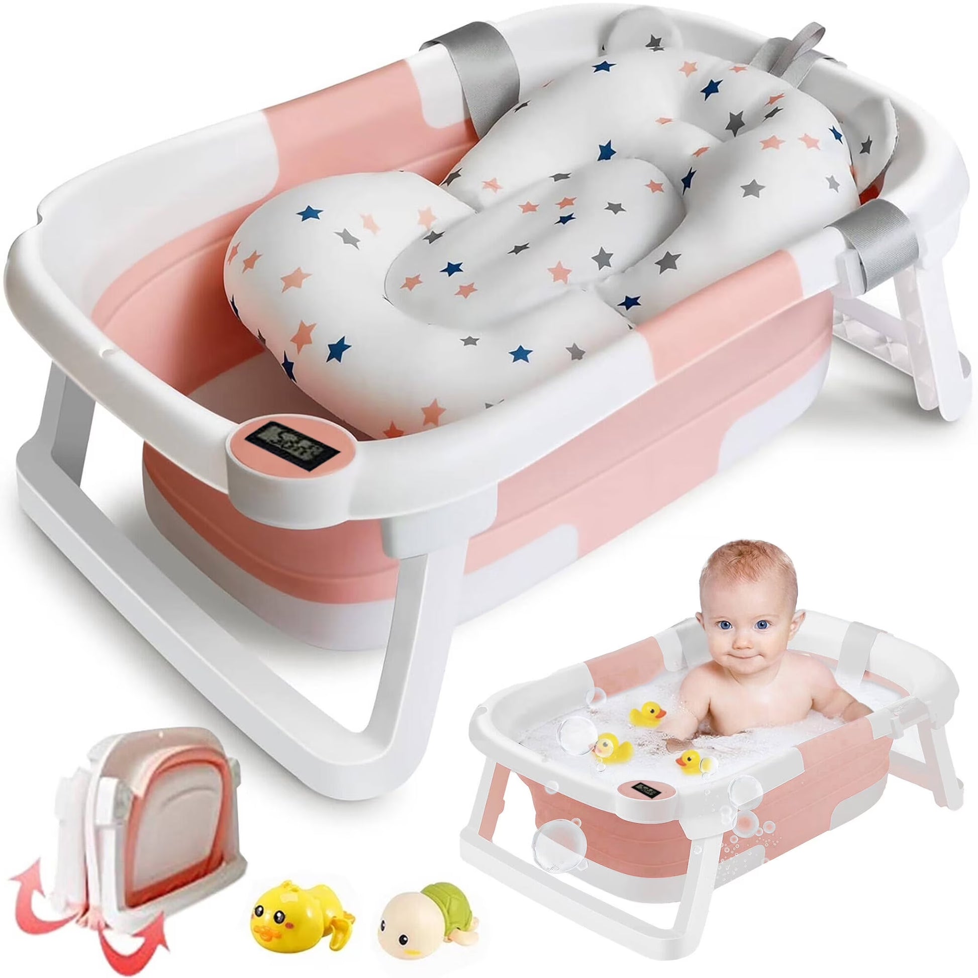 Collapsible Baby Bathtub for Newborn with Thermometer & Soft Cushion, Portable Travel Baby Tub for Infant to Toddler 0-36 Months, Pink