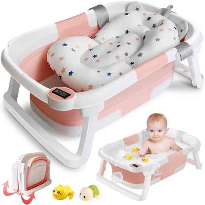 Collapsible Baby Bathtub for Newborn with Thermometer & Soft Cushion, Portable Travel Baby Tub for Infant to Toddler 0-36 Months, Pink