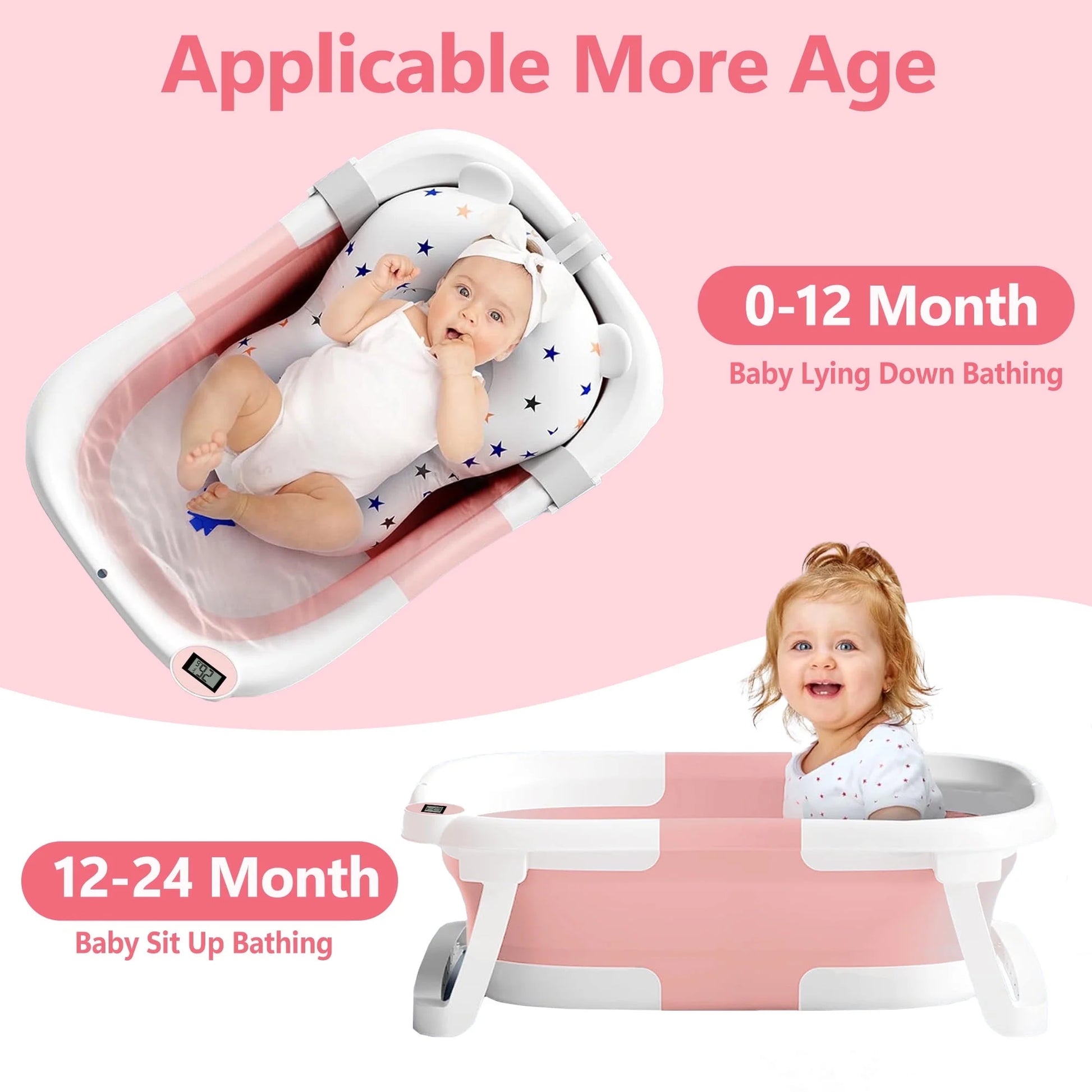 Collapsible Baby Bathtub for Newborn with Thermometer & Soft Cushion, Portable Travel Baby Tub for Infant to Toddler 0-36 Months, Pink