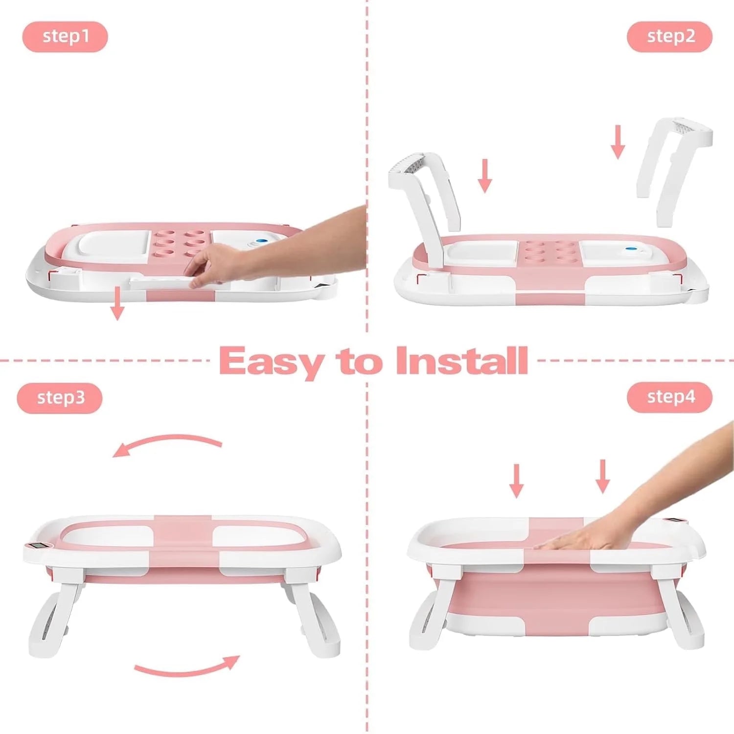 Collapsible Baby Bathtub for Newborn with Thermometer & Soft Cushion, Portable Travel Baby Tub for Infant to Toddler 0-36 Months, Pink