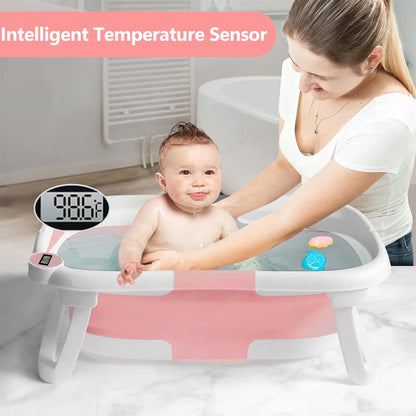 Collapsible Baby Bathtub for Newborn with Thermometer & Soft Cushion, Portable Travel Baby Tub for Infant to Toddler 0-36 Months, Pink