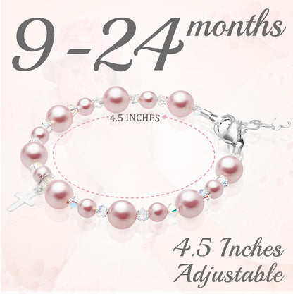 Sterling Silver Cross Charm Pearl Bracelets for Girls - Baptism Gifts for Girl with Rosaline, White Simulated Pearls, First Communion, Christening, Keepsake Girls Jewelry Birthday Gift