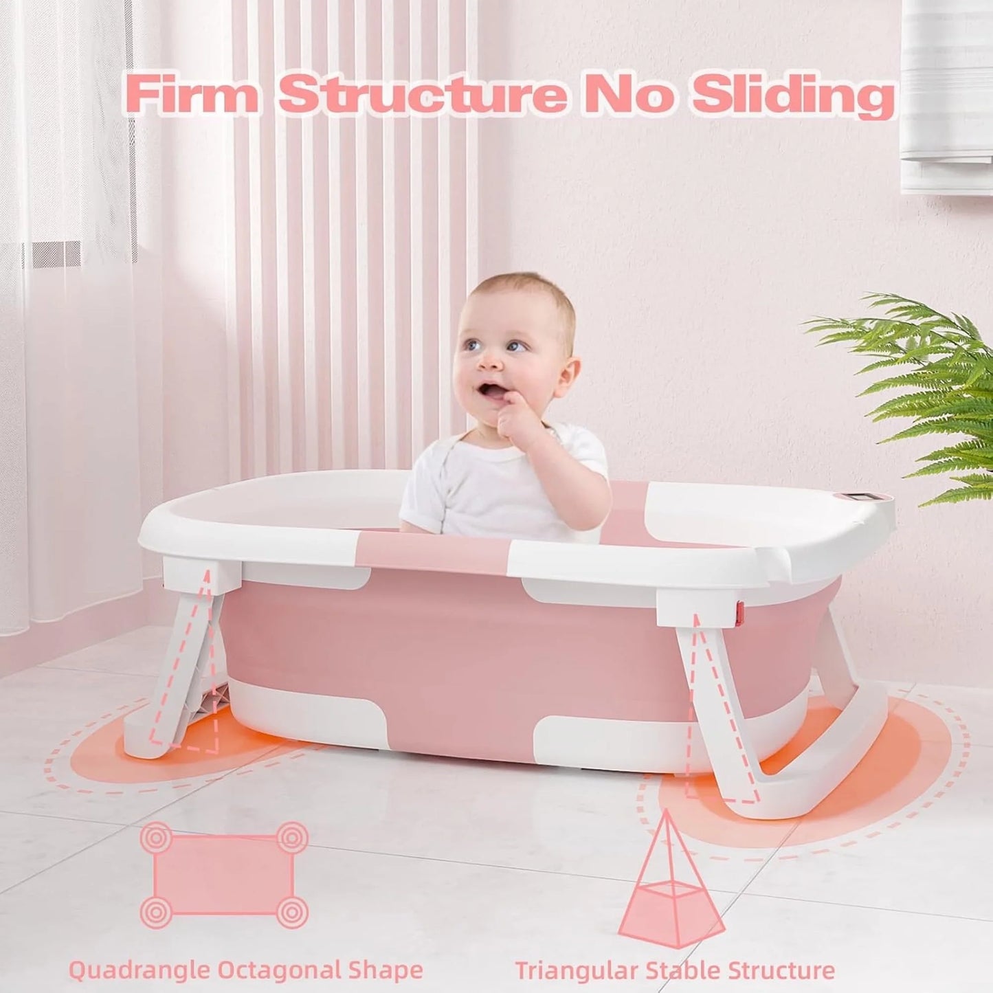 Collapsible Baby Bathtub for Newborn with Thermometer & Soft Cushion, Portable Travel Baby Tub for Infant to Toddler 0-36 Months, Pink