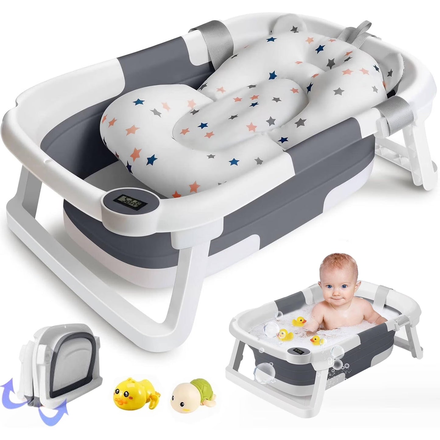 Collapsible Baby Bathtub for Newborn with Thermometer & Soft Cushion, Portable Travel Baby Tub for Infant to Toddler 0-36 Months, Gray