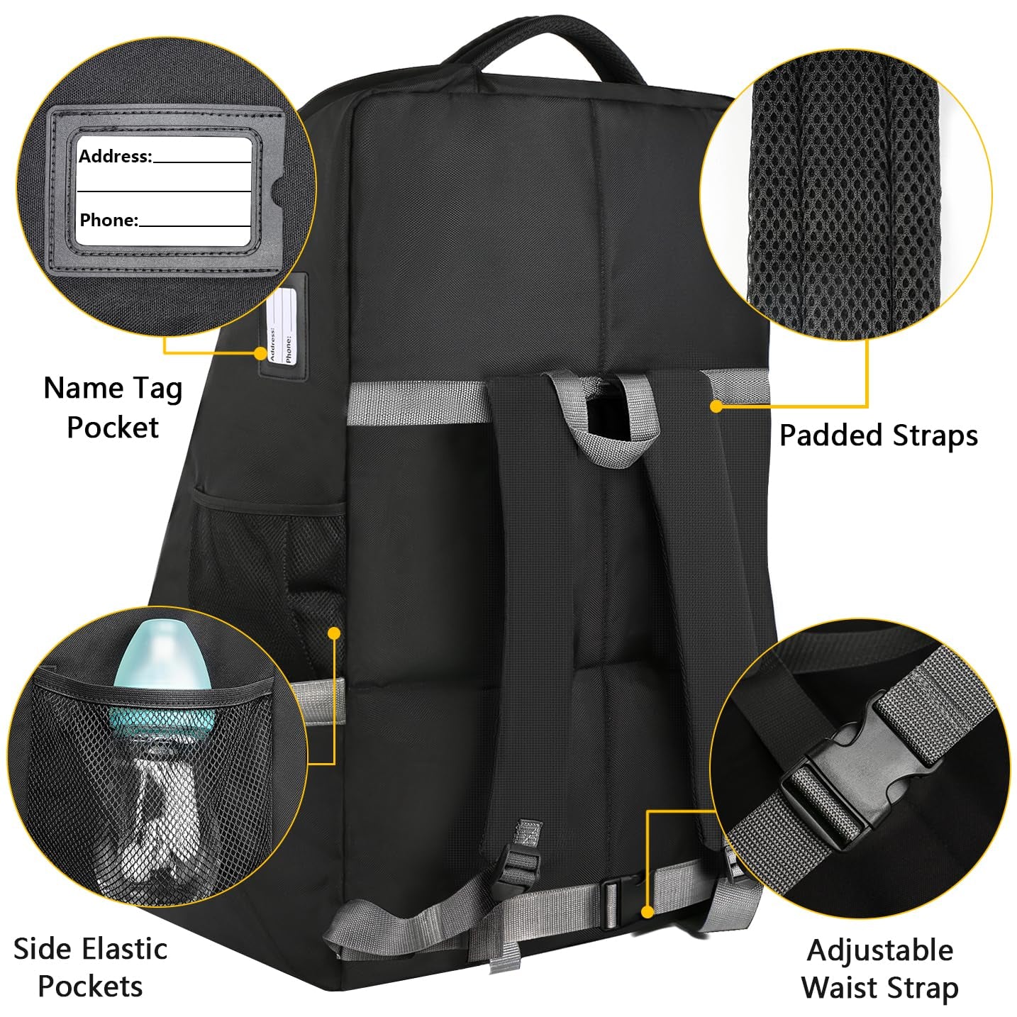 Padded Car Seat Travel Bag Backpack for Airplane, Heavy Duty Car Seat Bags for Air Travel, Carseat Cover for Airplane Travel with Shoulder Strap, Car Seats Carrier for Airport, Black