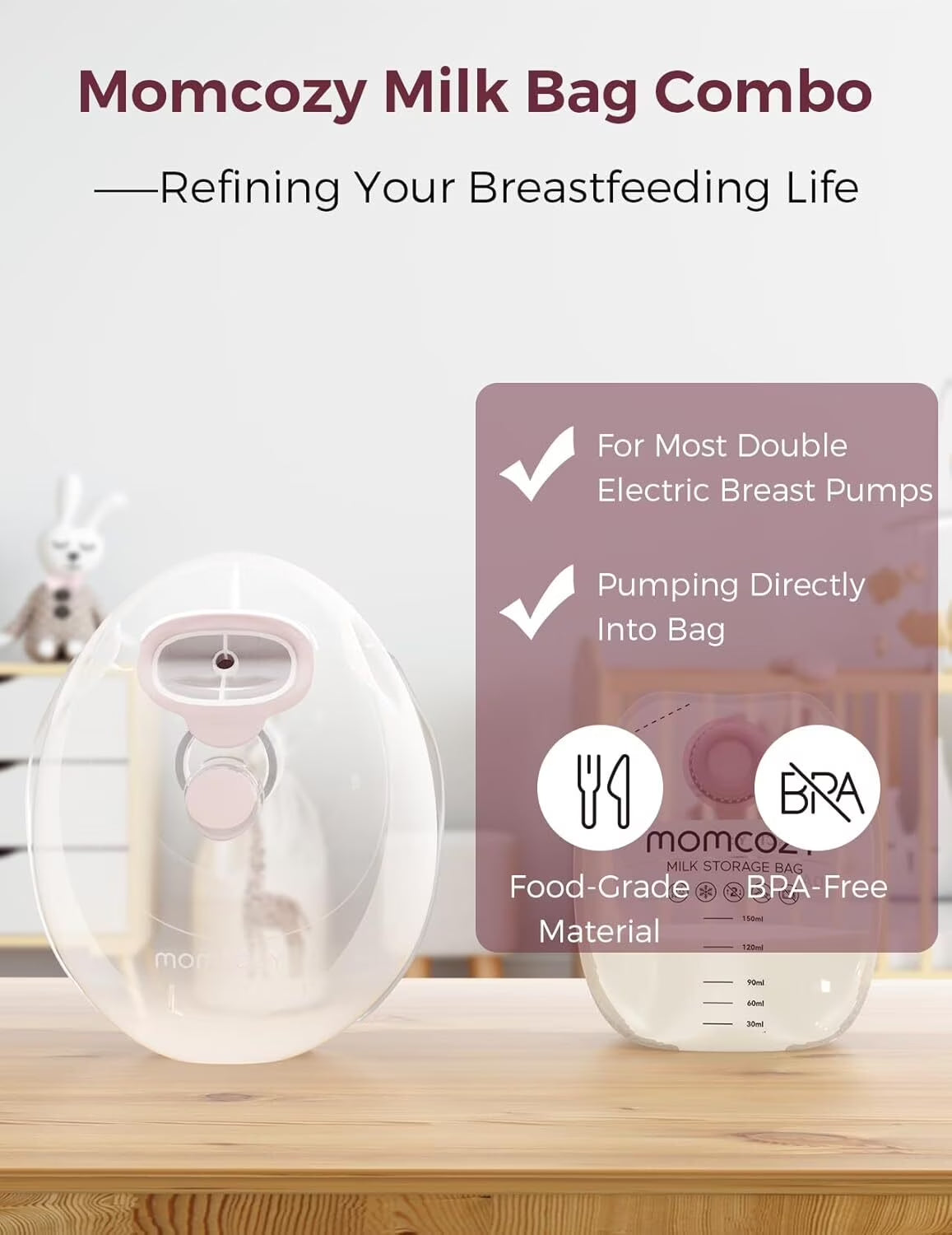 Wearable Milk Collection Cups with Storage Bags, Direct-To-Bag Breast Milk Bag Combo, Breast Pump Parts for  V1/V2 Pump & Most Electric Breast Pumps, 2 Pack