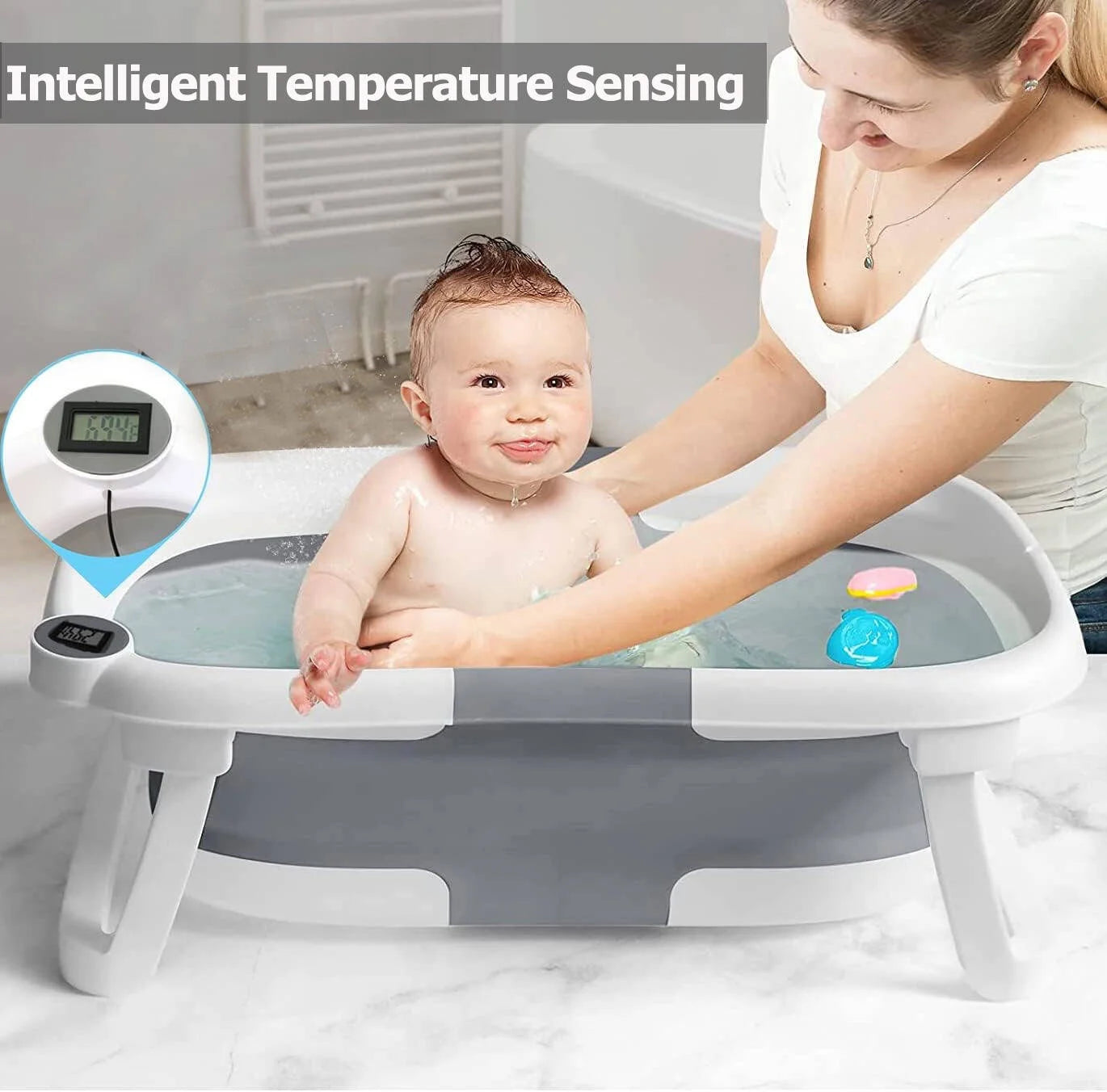 Collapsible Baby Bathtub for Newborn with Thermometer & Soft Cushion, Portable Travel Baby Tub for Infant to Toddler 0-36 Months, Gray