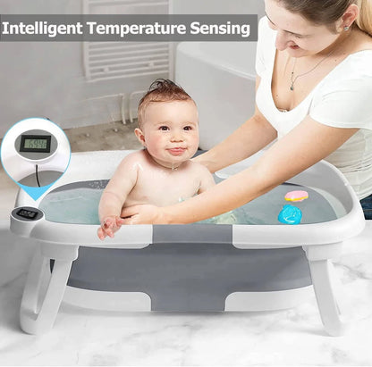 Collapsible Baby Bathtub for Newborn with Thermometer & Soft Cushion, Portable Travel Baby Tub for Infant to Toddler 0-36 Months, Gray