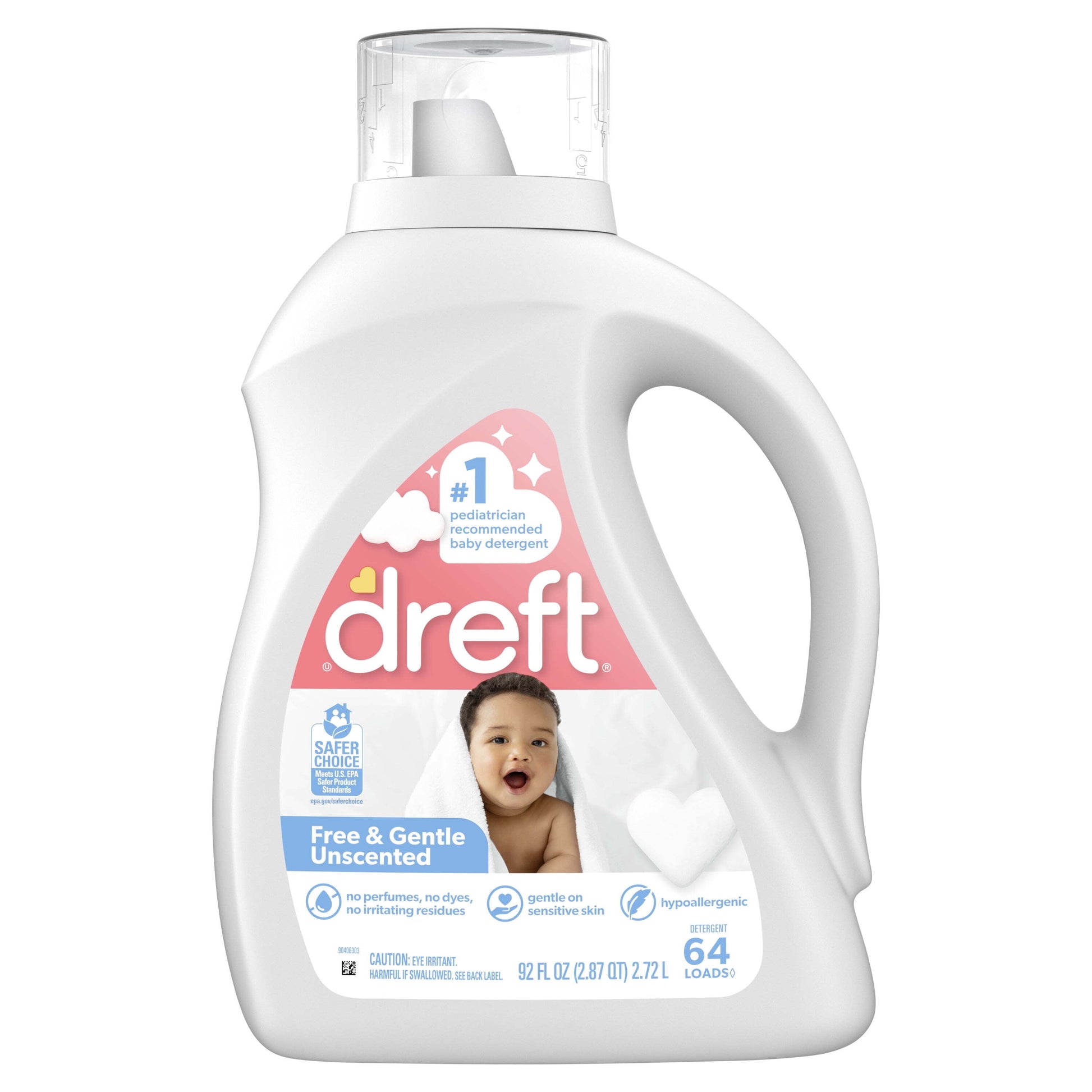Baby Free & Gentle Liquid Laundry Detergent, Sensitive Skin, Hypoallergenic, 64 Loads, 92 Fl Oz