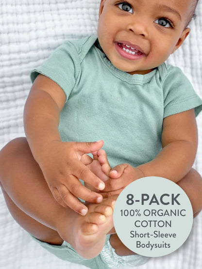 Baby Boy or Girl Gender Neutral Organic Cotton Short Sleeve Bodysuits, 8 Pack (Newborn-24 Months)