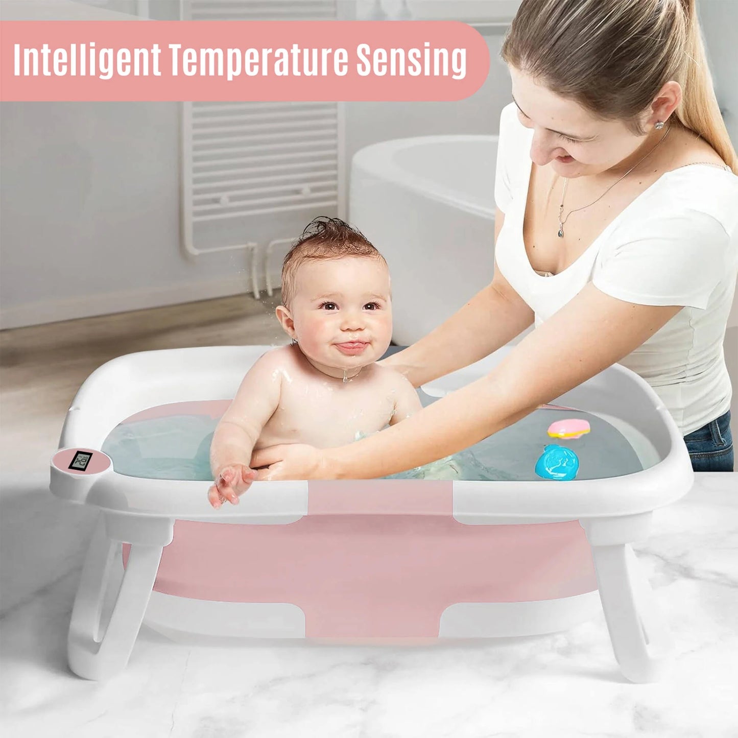 Collapsible Baby Bathtub for Newborn with Thermometer & Soft Cushion, Portable Travel Baby Tub for Infant to Toddler 0-36 Months, Pink