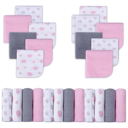 Baby Washcloths, Super Soft Baby Bath Towels for Newborn 24 Pack, Absorbent Face & Body Wash Cloth for Baby Girl, Pink-Elephant Pattern, 9 X 9 Inch