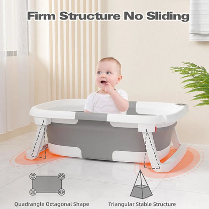 Collapsible Baby Bathtub for Newborn with Thermometer & Soft Cushion, Portable Travel Baby Tub for Infant to Toddler 0-36 Months, Gray