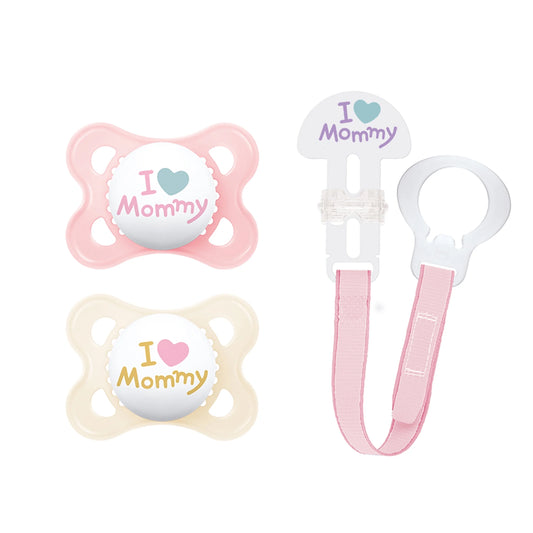 I Love Mommy Collection Pacifiers (2 Pack, 1 Pacifier Clip),  Pacifier 0-6 Months, Baby Girl Pacifier, Best Pacifier for Breastfed Babies