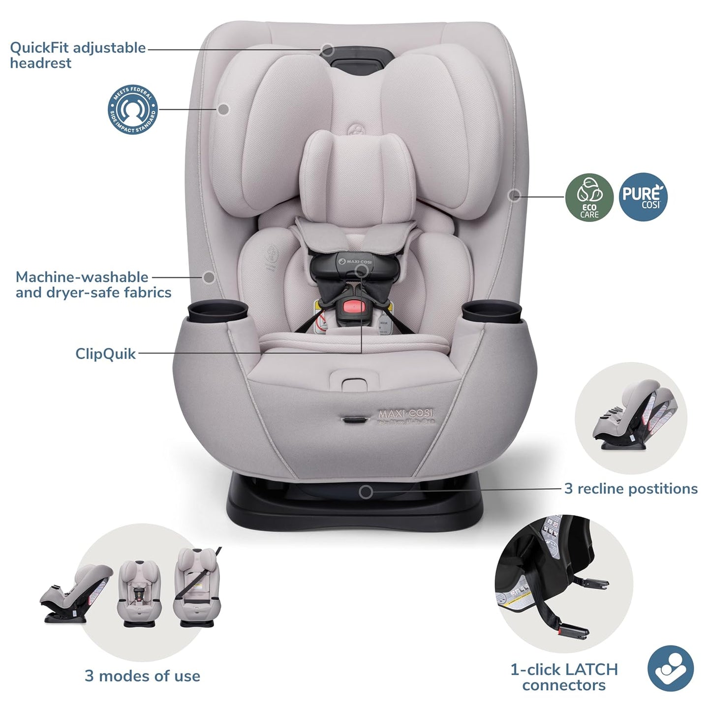 Pria Max 3-In-1 Convertible Car Seat, Infant to Toddler Car Seat, Clipquick Magnetic Chest Clip, Quick-Install Latch, Machine-Washable Cover, 5-100 Lbs, Oyster Shell