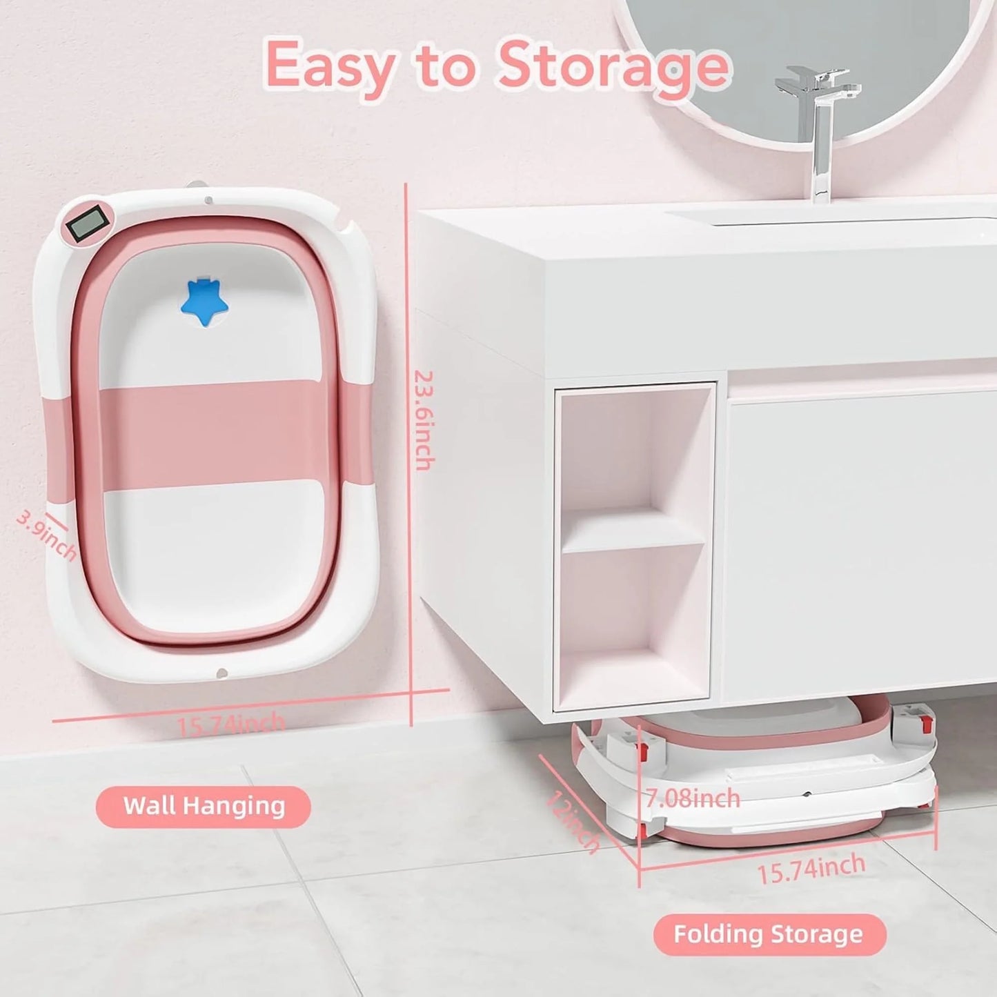 Collapsible Baby Bathtub for Newborn with Thermometer & Soft Cushion, Portable Travel Baby Tub for Infant to Toddler 0-36 Months, Pink