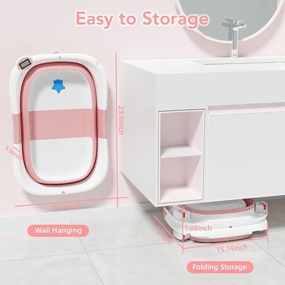 Collapsible Baby Bathtub for Newborn with Thermometer & Soft Cushion, Portable Travel Baby Tub for Infant to Toddler 0-36 Months, Pink